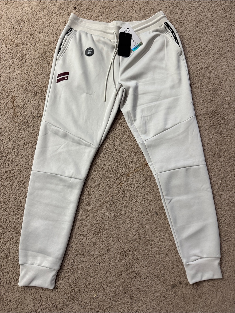Hurley White Sweatpants with Maroon Accent